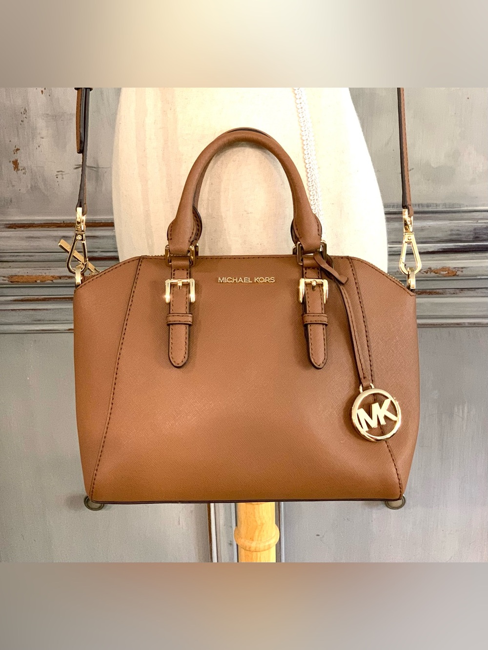 Michael Kors Ciara Havana Brown Saffiano Leather Satchel